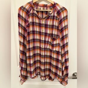 Anthropology  Pilcro Multicolor Plaid Ruffle Button-Up Long Sleeve Shirt Size XL